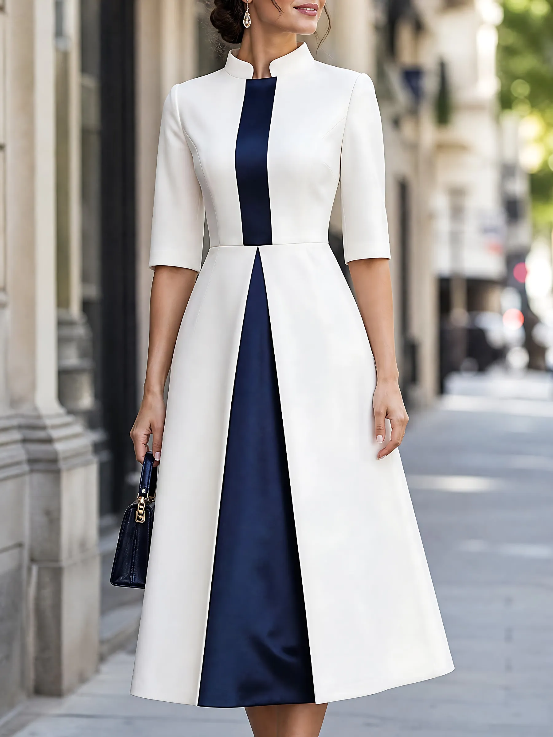 Satin-Panel Stand-Collar Midi Dress sold by Mooyius