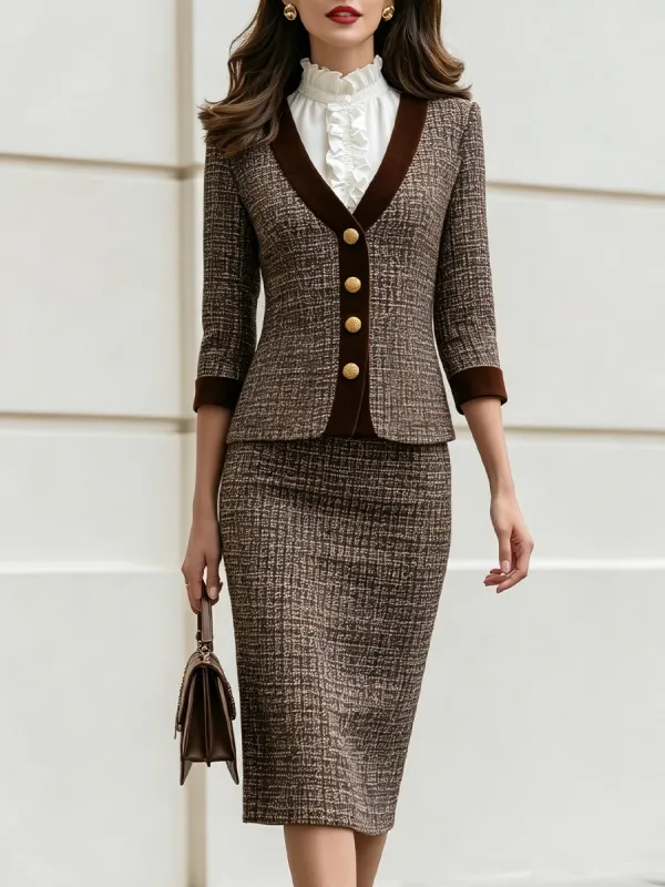 Tweed Velvet Trim V-Neck Blazer & Pencil Skirt Co-Ord Suit made by Something Navy