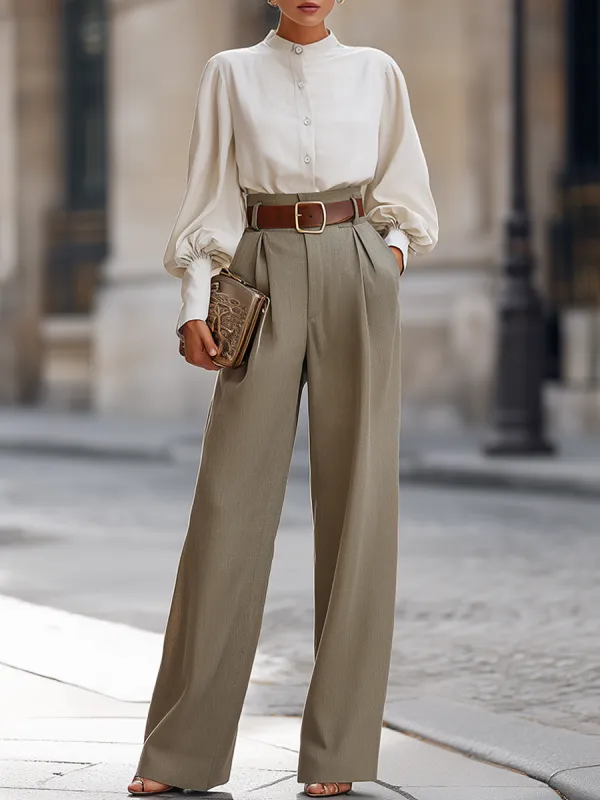 Stand-Collar Blouse And High-Waisted Wide-Leg Trousers Set made by Mooyius