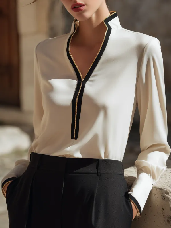 Elegant Contrast Trim V-Neck Blouse made by Mooyius