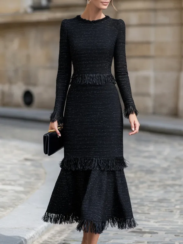 Elegant Tweed Fringe Mermaid Midi Dress made by Mooyius