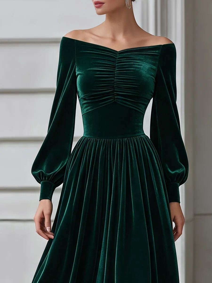 Off-Shoulder Ruched Velvet A-Line Midi Dress sold by Mooyius product image thumbnail 2
