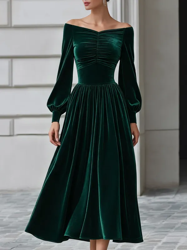 Off-Shoulder Ruched Velvet A-Line Midi Dress made by Mooyius