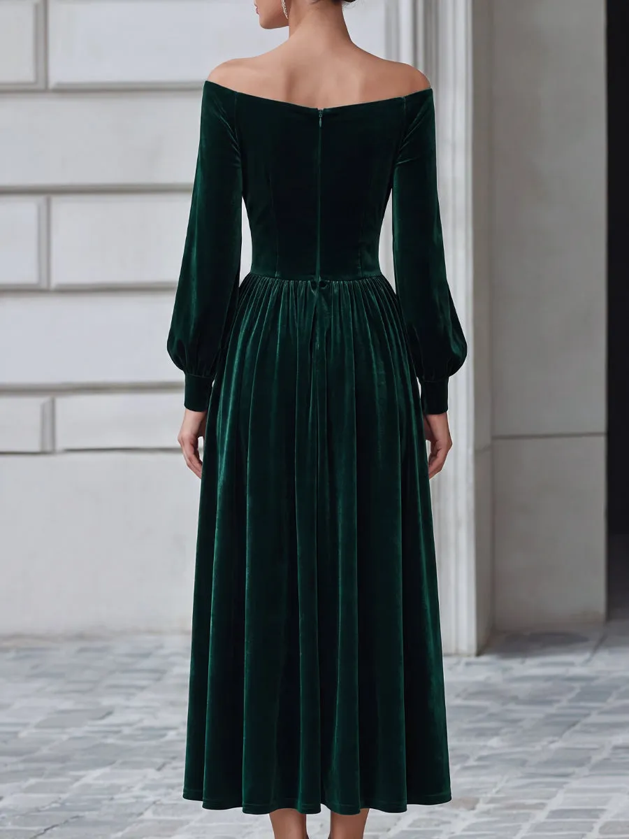 Off-Shoulder Ruched Velvet A-Line Midi Dress sold by Mooyius product image thumbnail 4