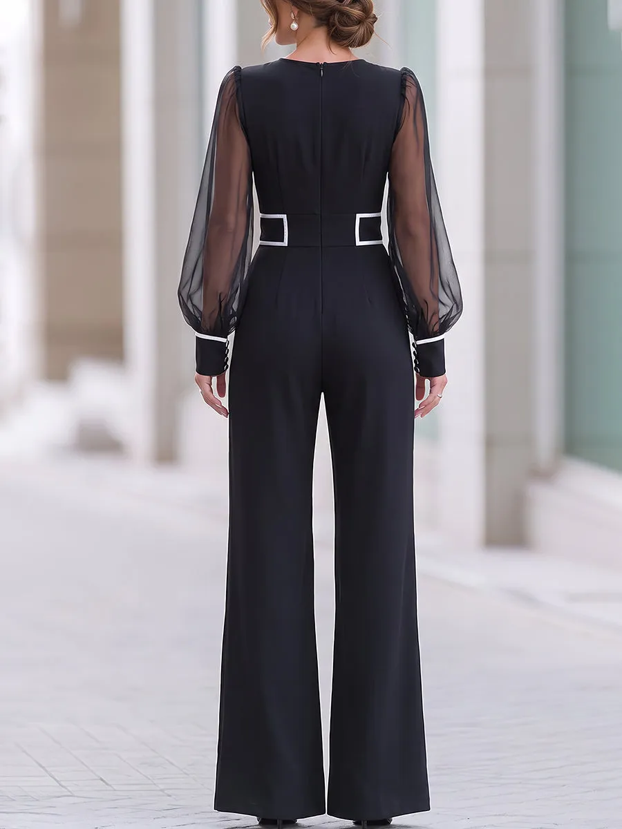 Black Contrast White Trim Sheer Mesh Sleeve Wide Leg Jumpsuit sold by Mooyius product image thumbnail 4