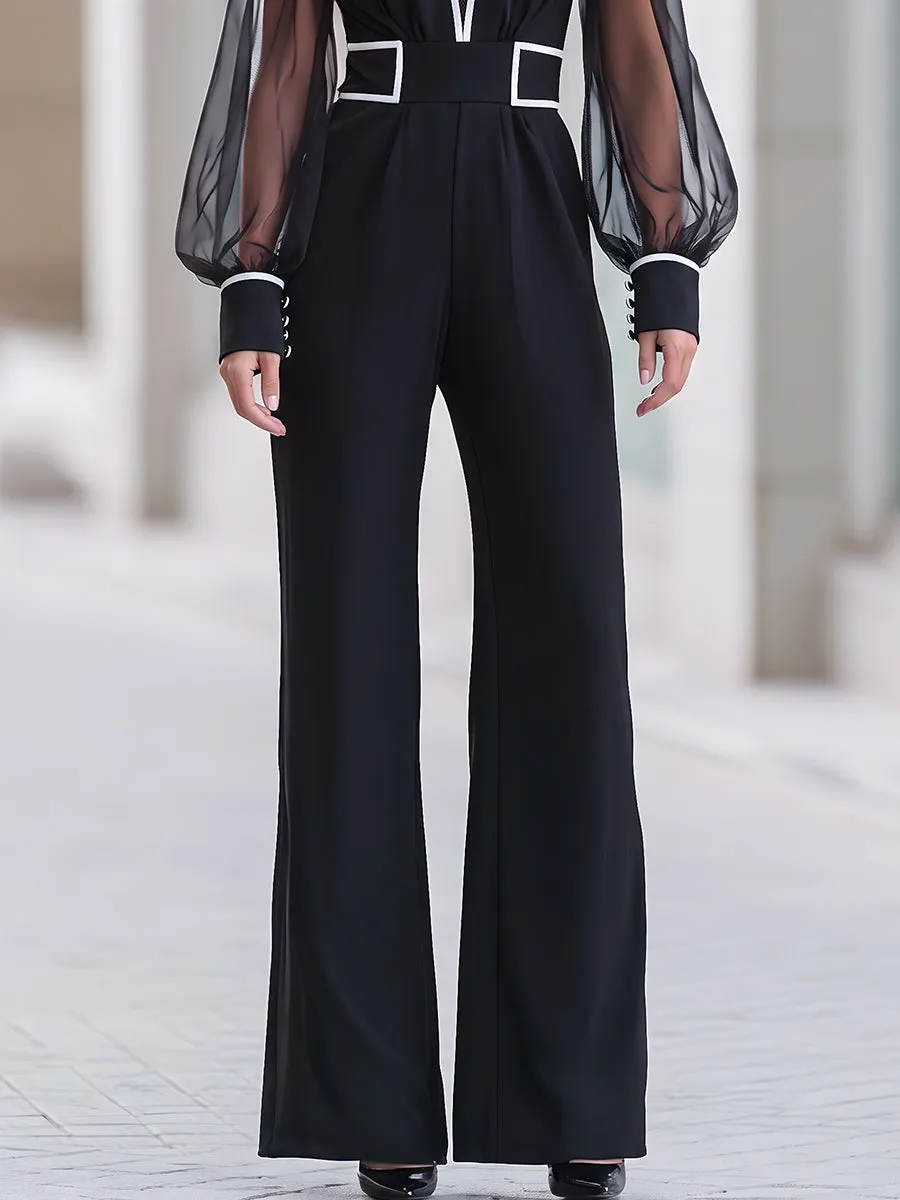 Black Contrast White Trim Sheer Mesh Sleeve Wide Leg Jumpsuit sold by Mooyius product image thumbnail 3
