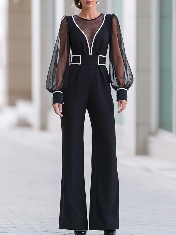 Black Contrast White Trim Sheer Mesh Sleeve Wide Leg Jumpsuit made by Mooyius