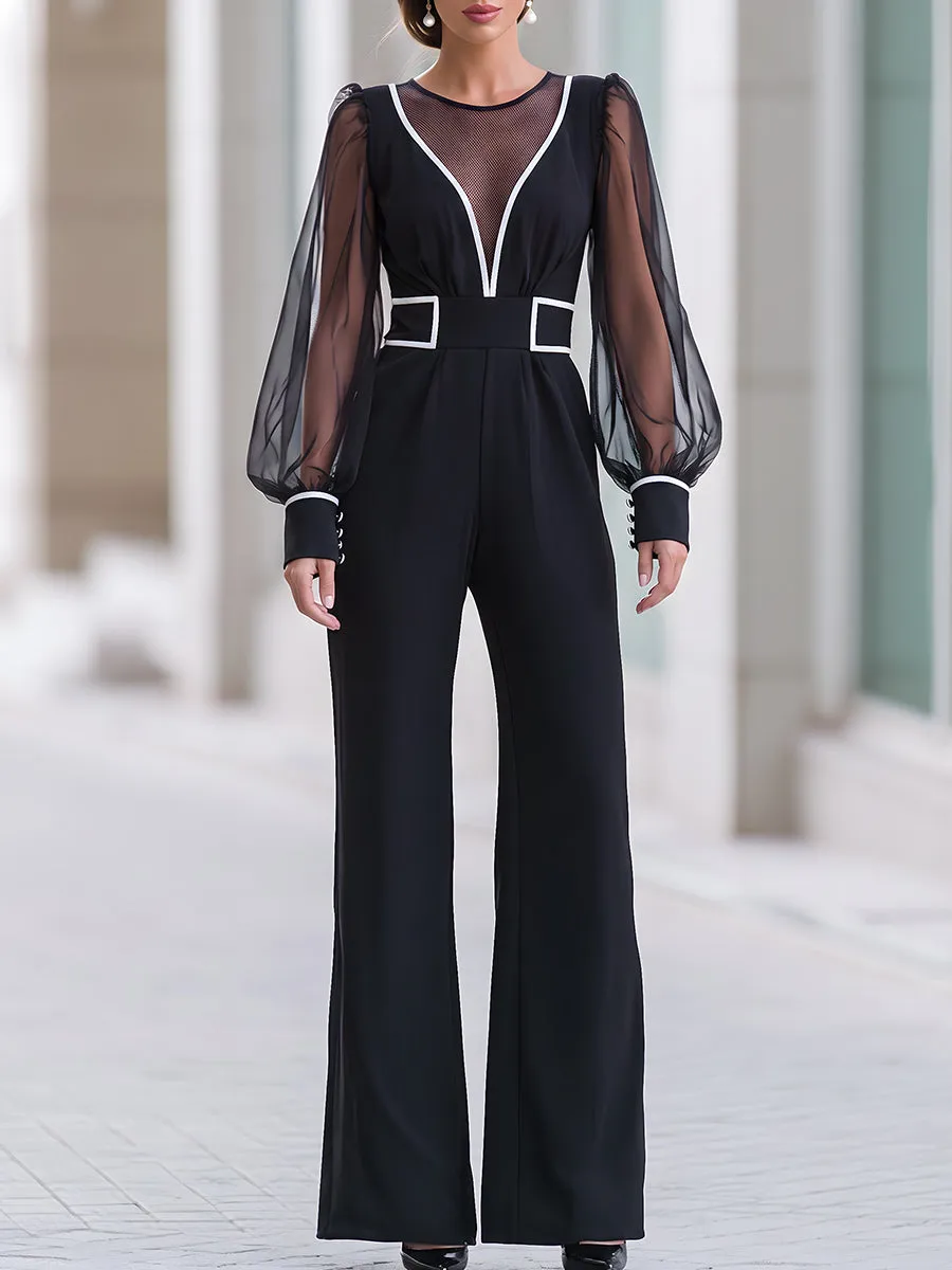 Black Contrast White Trim Sheer Mesh Sleeve Wide Leg Jumpsuit sold by Mooyius