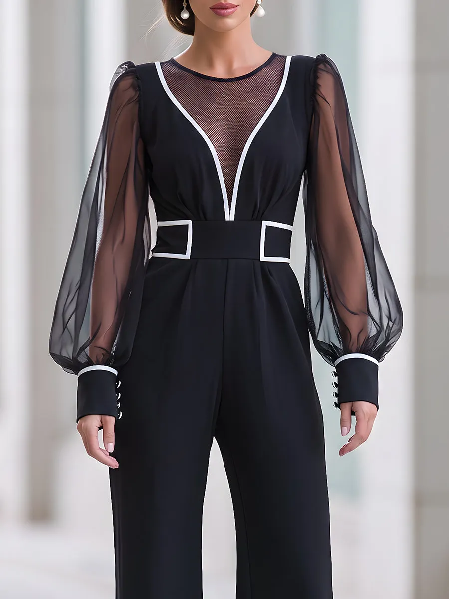 Black Contrast White Trim Sheer Mesh Sleeve Wide Leg Jumpsuit sold by Mooyius product image thumbnail 2