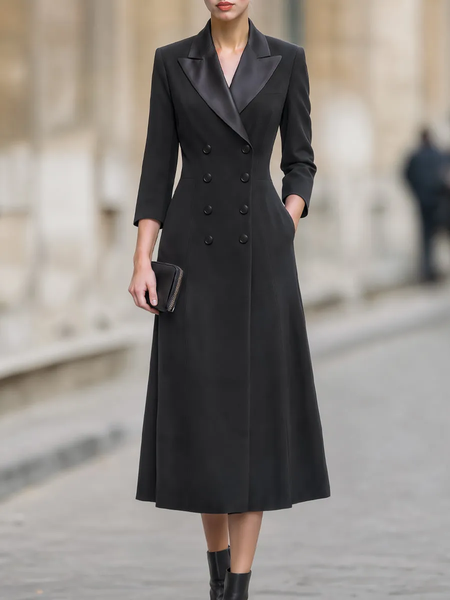 Double-Breasted Satin Lapel Trench Midi Dress sold by Mooyius