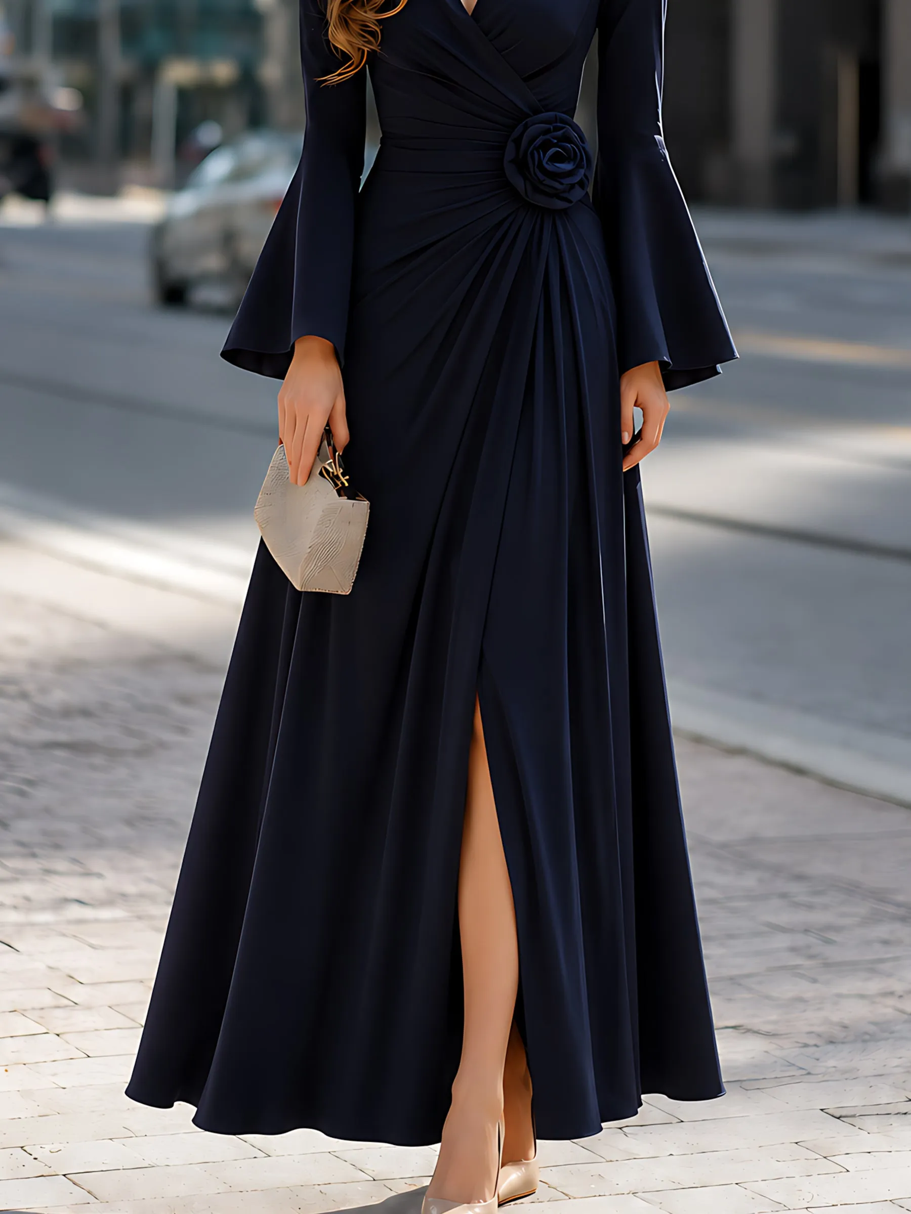 Floral Pleated Slit Bell-Sleeve Maxi Dress sold by Mooyius product image thumbnail 4