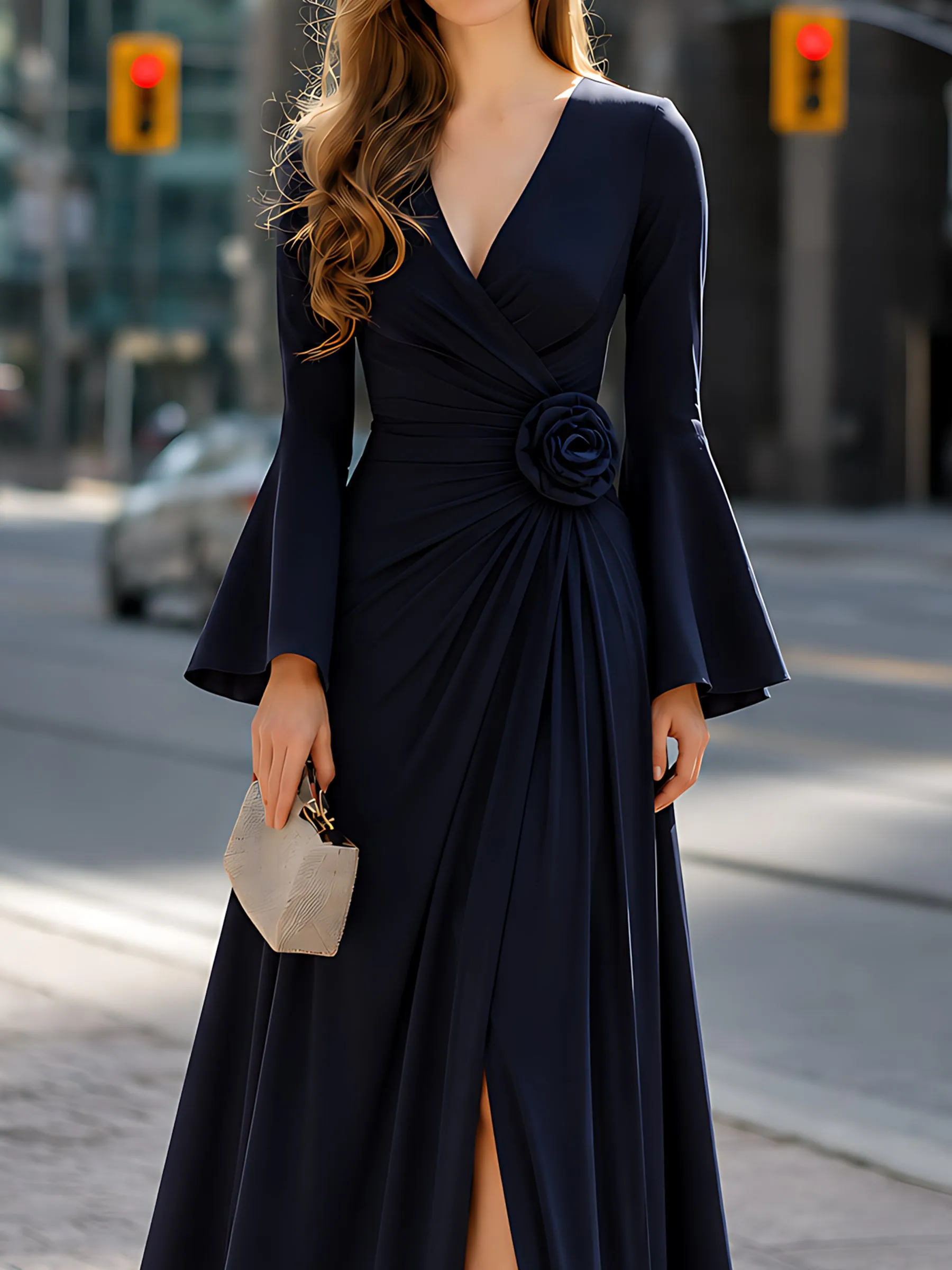 Floral Pleated Slit Bell-Sleeve Maxi Dress sold by Mooyius product image thumbnail 3