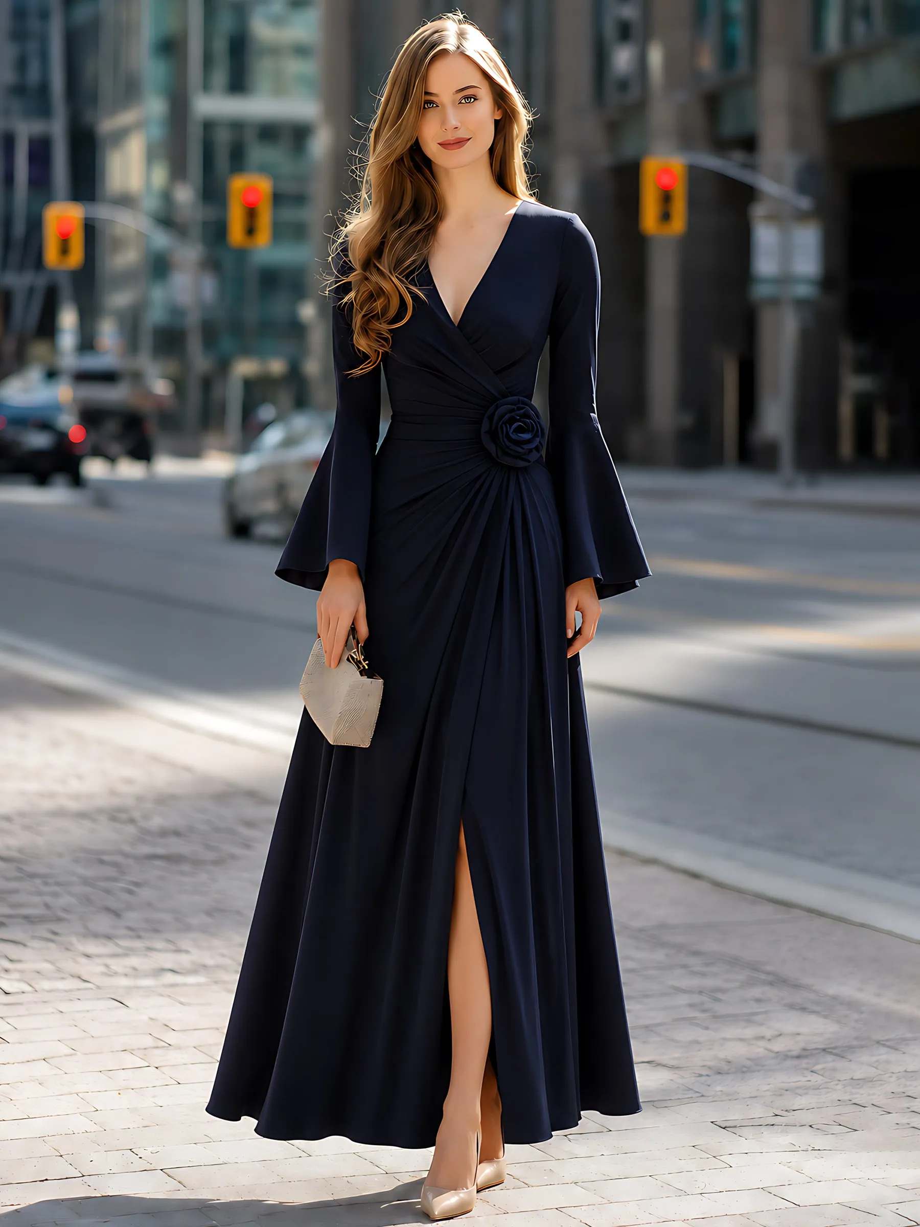 Floral Pleated Slit Bell-Sleeve Maxi Dress sold by Mooyius product image thumbnail 2