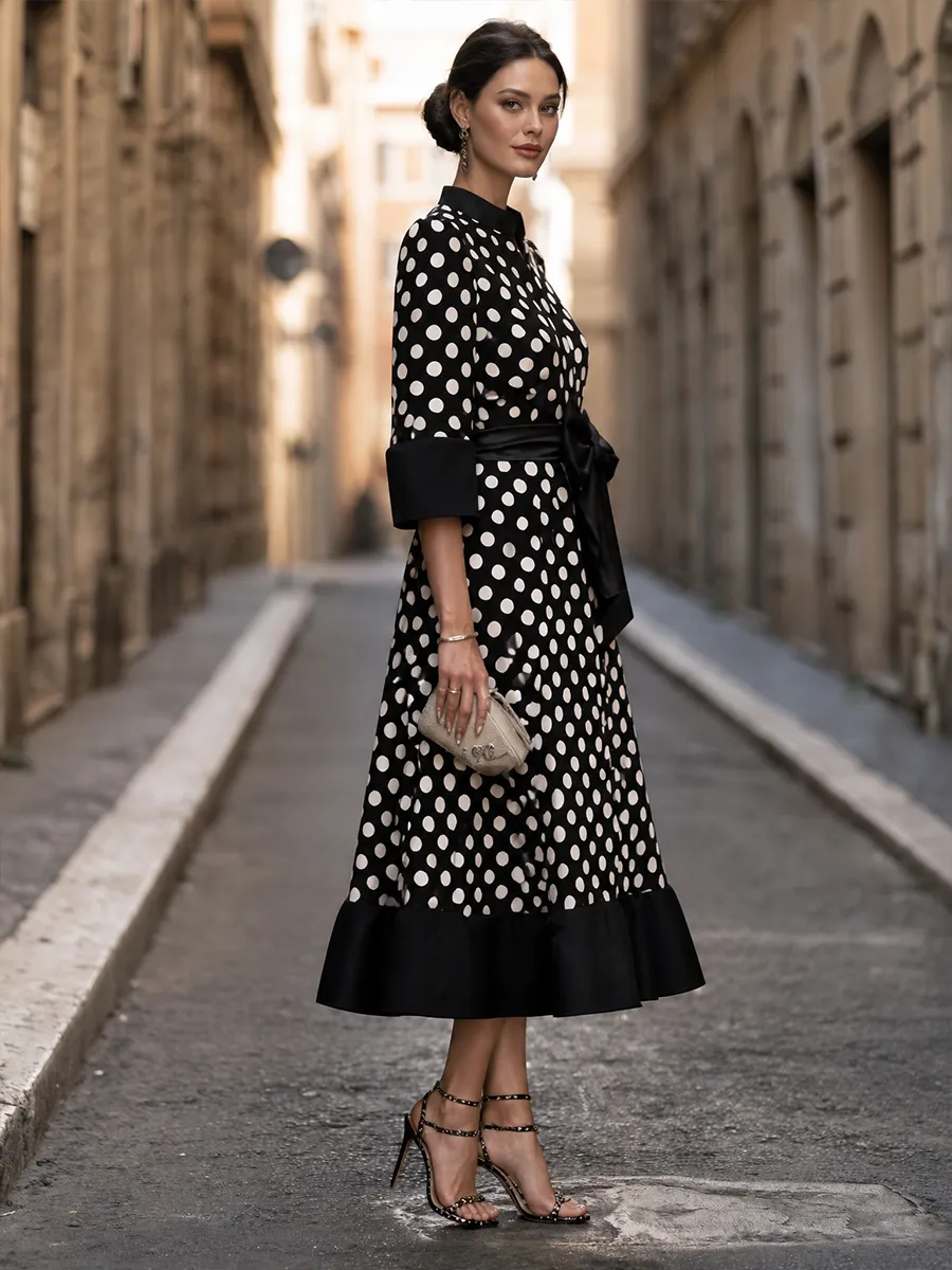 Polka-Dot Bow-Waist Midi Dress With Flounce Hem sold by Mooyius product image thumbnail 4