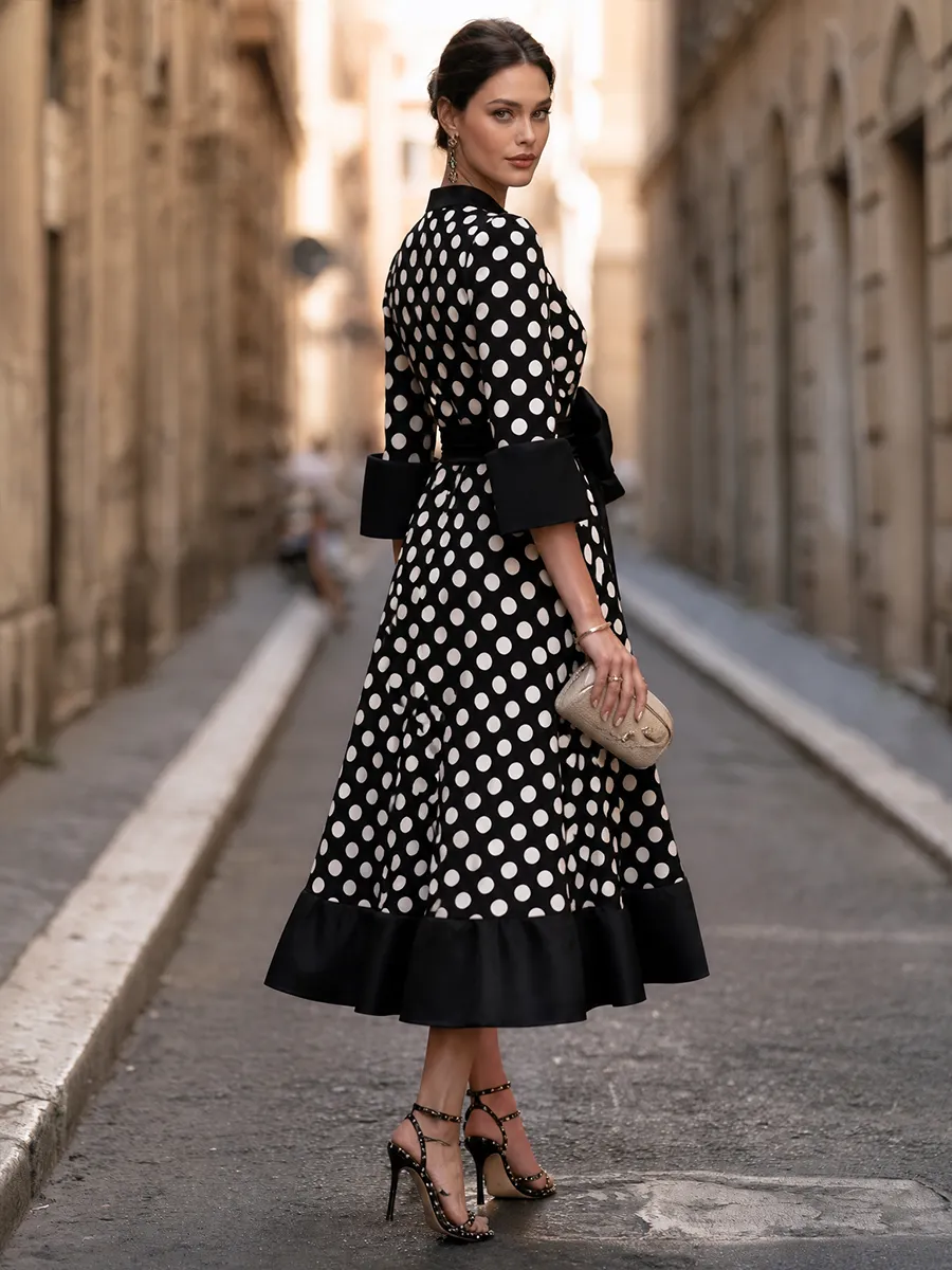 Polka-Dot Bow-Waist Midi Dress With Flounce Hem sold by Mooyius product image thumbnail 5