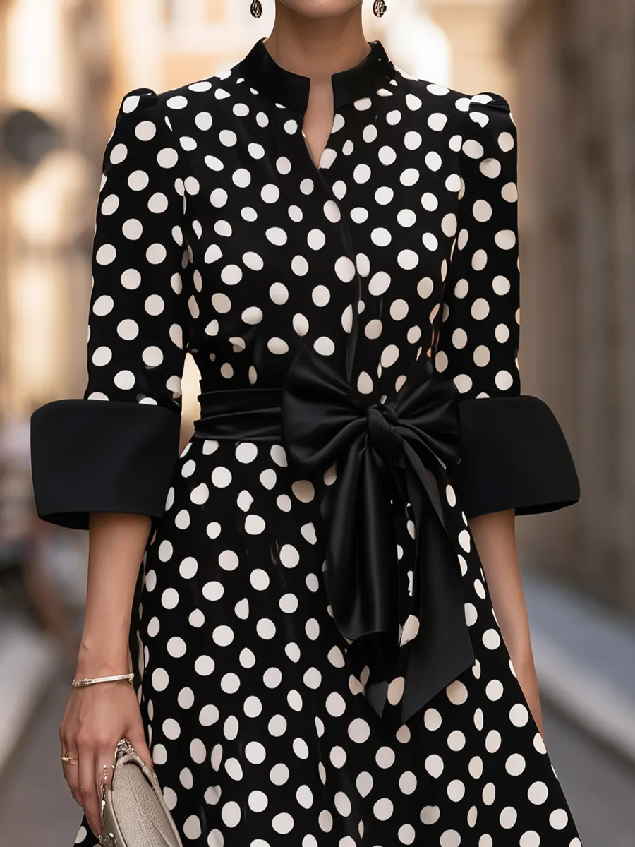 Polka-Dot Bow-Waist Midi Dress With Flounce Hem sold by Mooyius product image thumbnail 3
