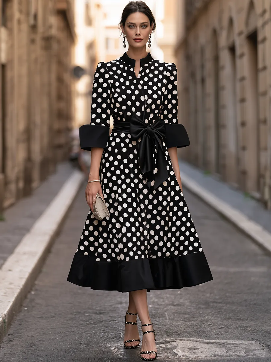 Polka-Dot Bow-Waist Midi Dress With Flounce Hem sold by Mooyius product image thumbnail 2