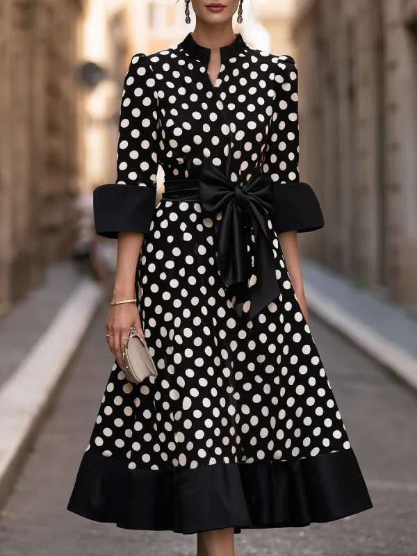 Polka-Dot Bow-Waist Midi Dress With Flounce Hem made by Mooyius