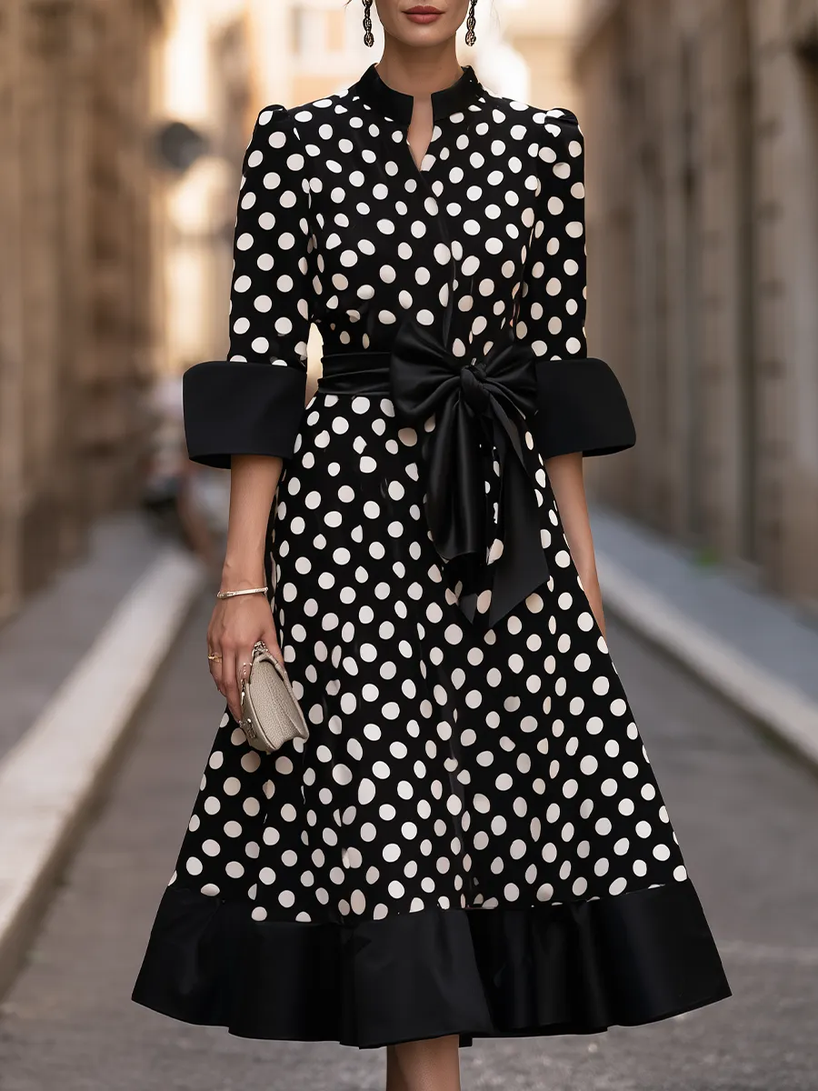 Polka-Dot Bow-Waist Midi Dress With Flounce Hem sold by Mooyius