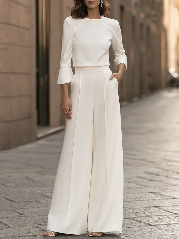 Crew-Neck Flounce-Sleeve Top And Wide-Leg Pants Set made by Mooyius
