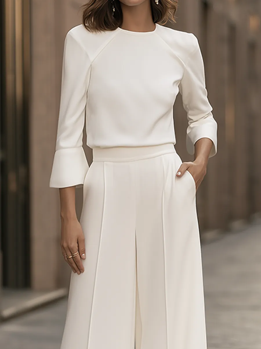 Crew-Neck Flounce-Sleeve Top And Wide-Leg Pants Set sold by Mooyius product image thumbnail 3
