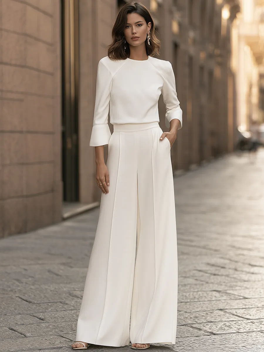 Crew-Neck Flounce-Sleeve Top And Wide-Leg Pants Set sold by Mooyius product image thumbnail 2