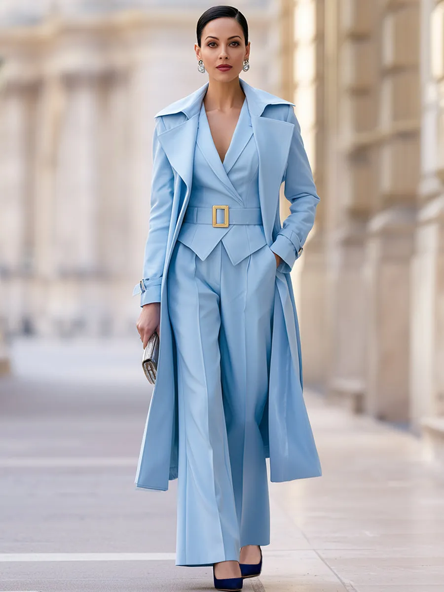 Belted Blazer Vest, Wide-Leg Pants & Long Coat Three-Piece Suit Set sold by Mooyius product image thumbnail 2