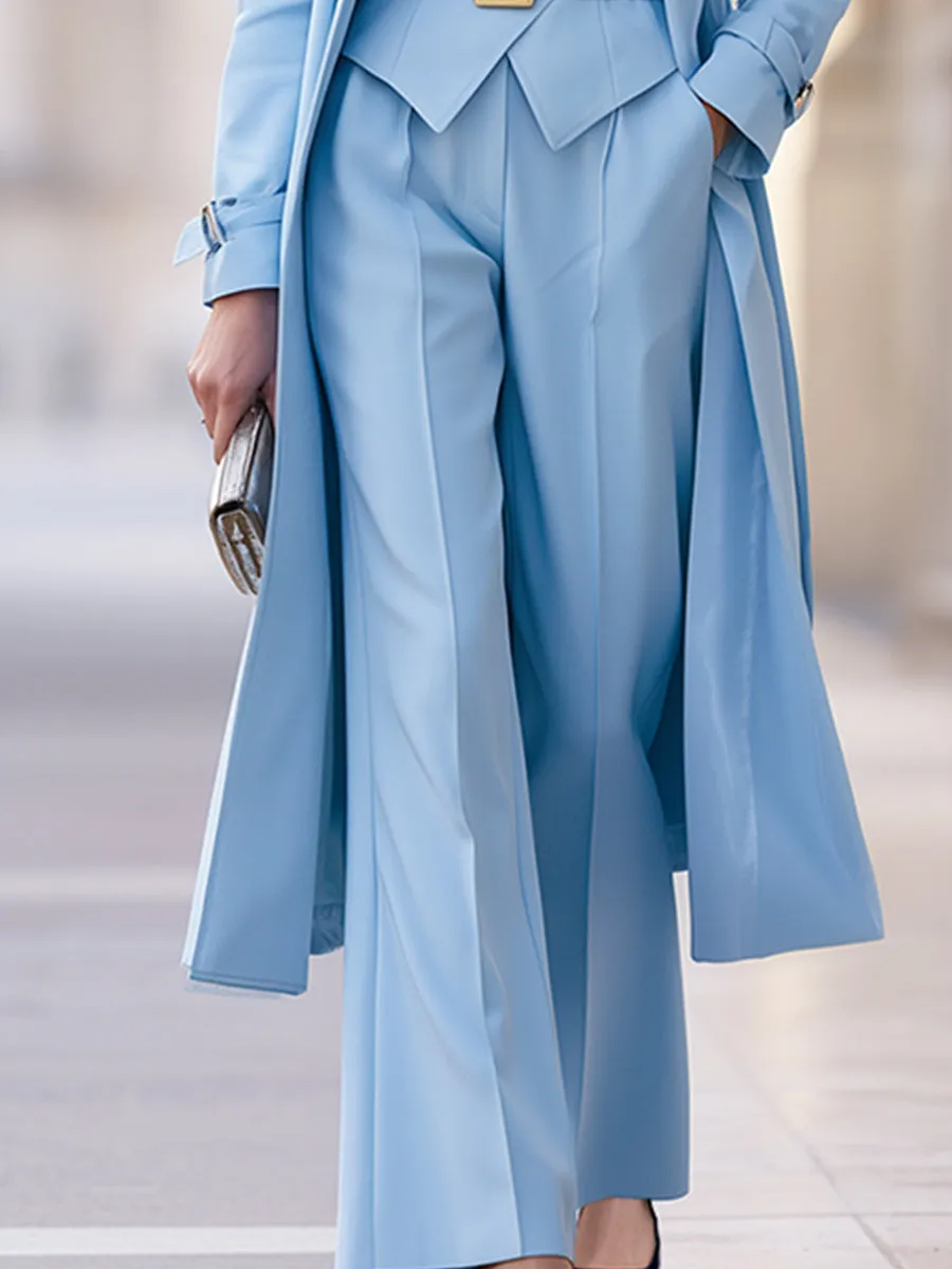 Belted Blazer Vest, Wide-Leg Pants & Long Coat Three-Piece Suit Set sold by Mooyius product image thumbnail 4