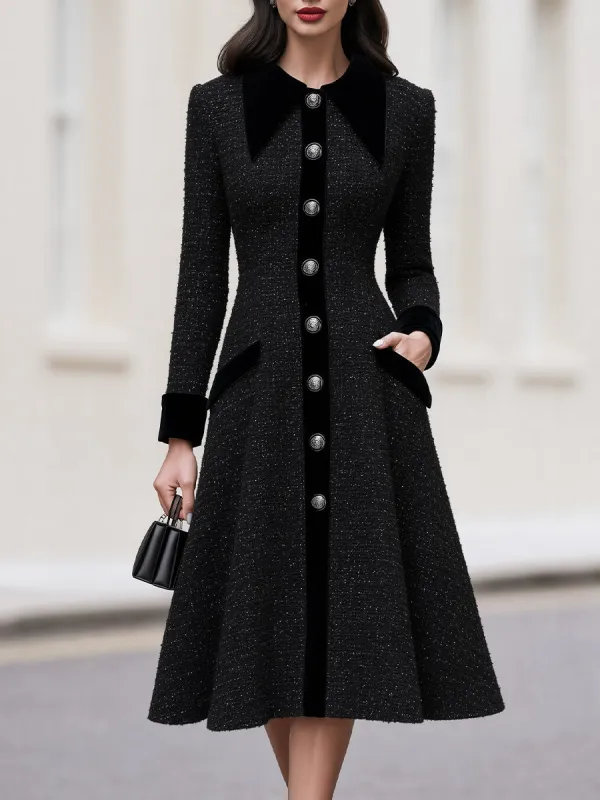 Sparkle Tweed Velvet Collar Cuff Fit & Flare Midi Coat Dress made by Something Navy