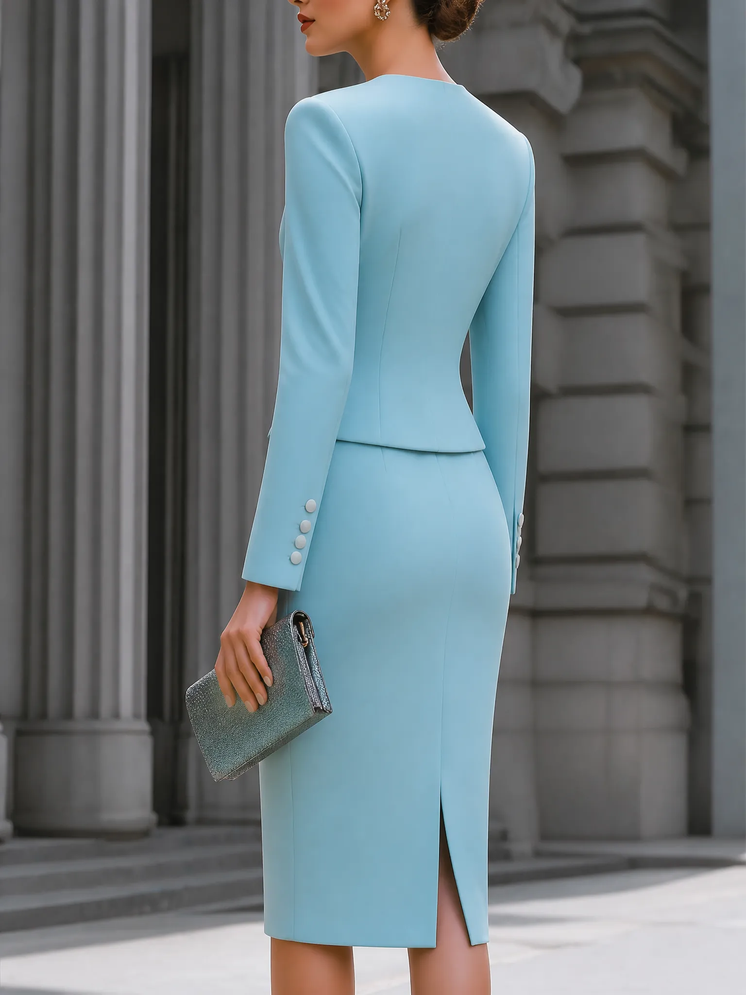 Minimalist Tailored Blazer And Button Front Pencil Skirt Set sold by Mooyius product image thumbnail 3