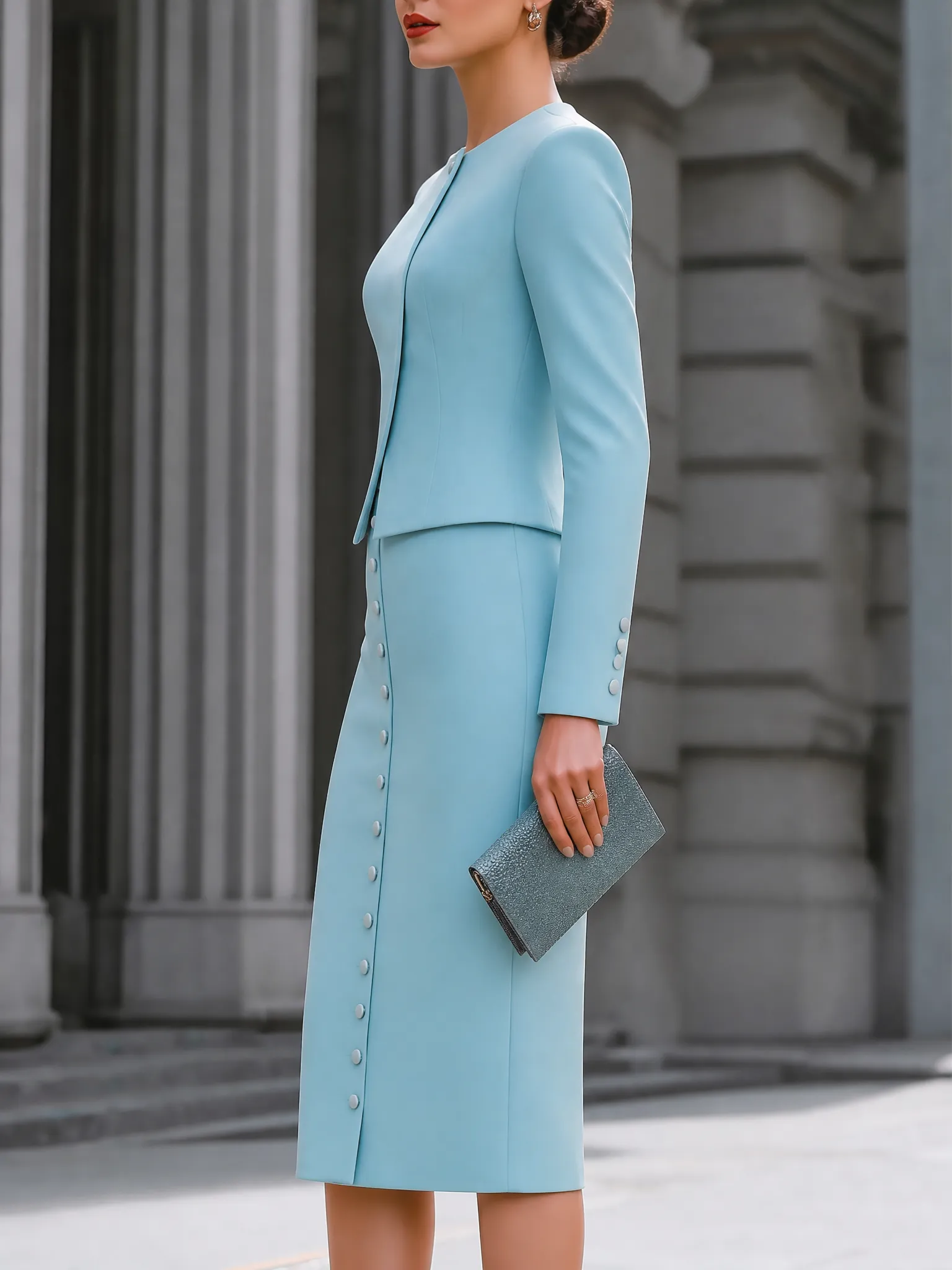 Minimalist Tailored Blazer And Button Front Pencil Skirt Set sold by Mooyius product image thumbnail 4