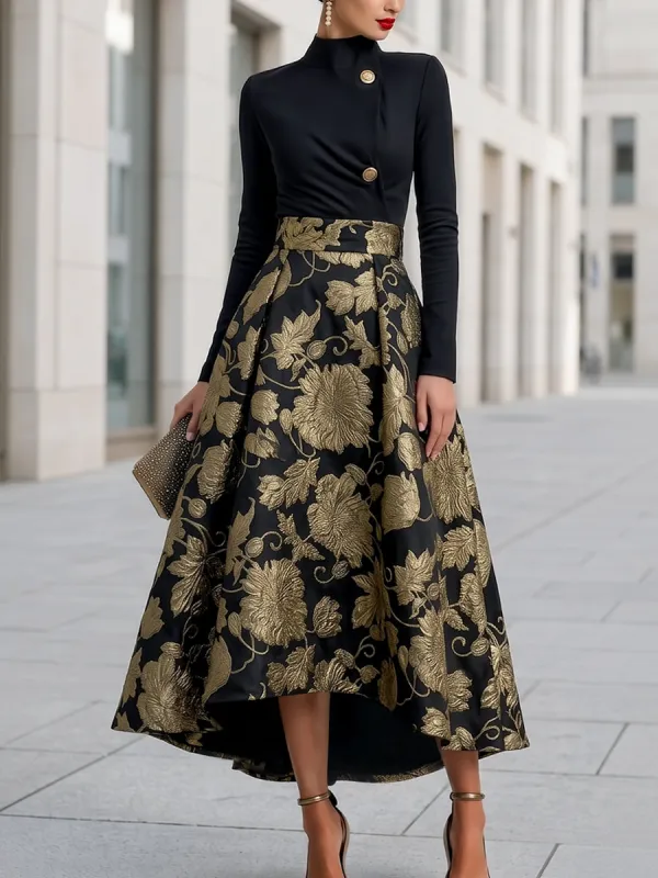Mock Neck Jacquard Floral A-Line Midi Dress made by Mooyius