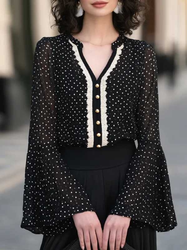 Flared Cuffs Polka Dot Chiffon Lace Trim Blouse made by Mooyius