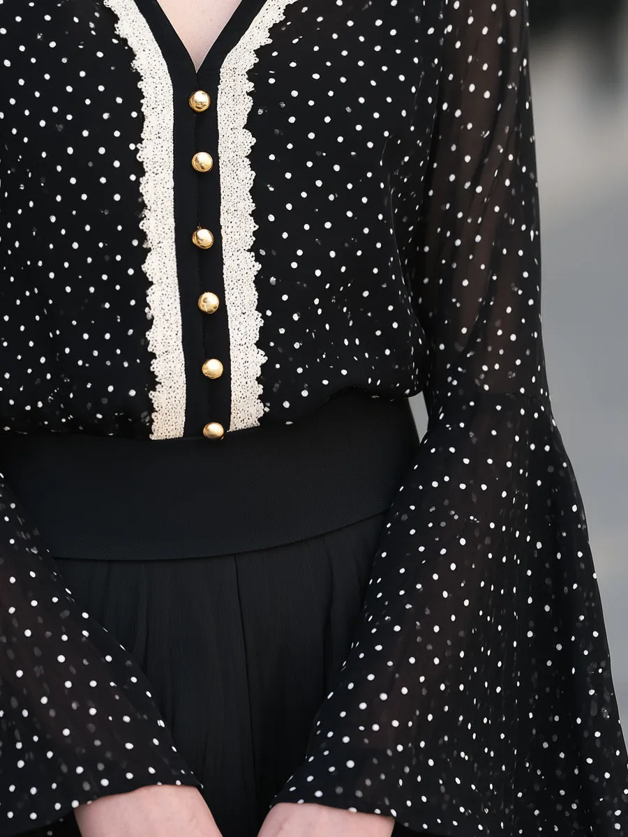 Flared Cuffs Polka Dot Chiffon Lace Trim Blouse sold by Mooyius product image thumbnail 3