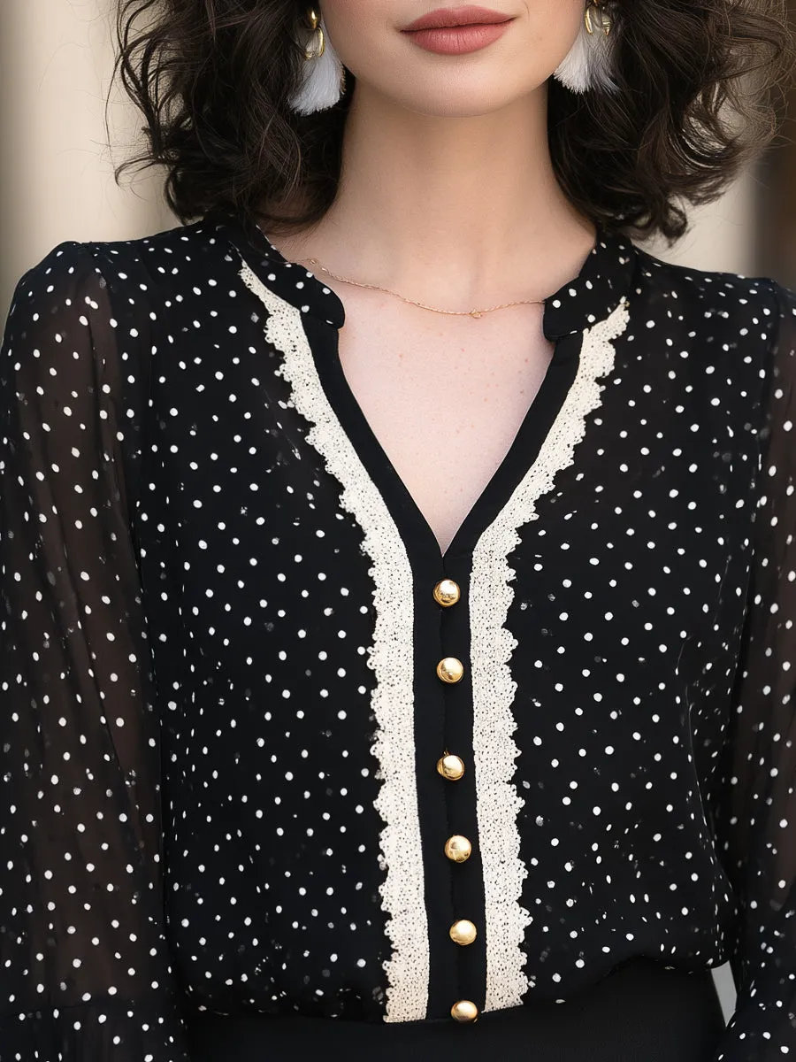 Flared Cuffs Polka Dot Chiffon Lace Trim Blouse sold by Mooyius product image thumbnail 2
