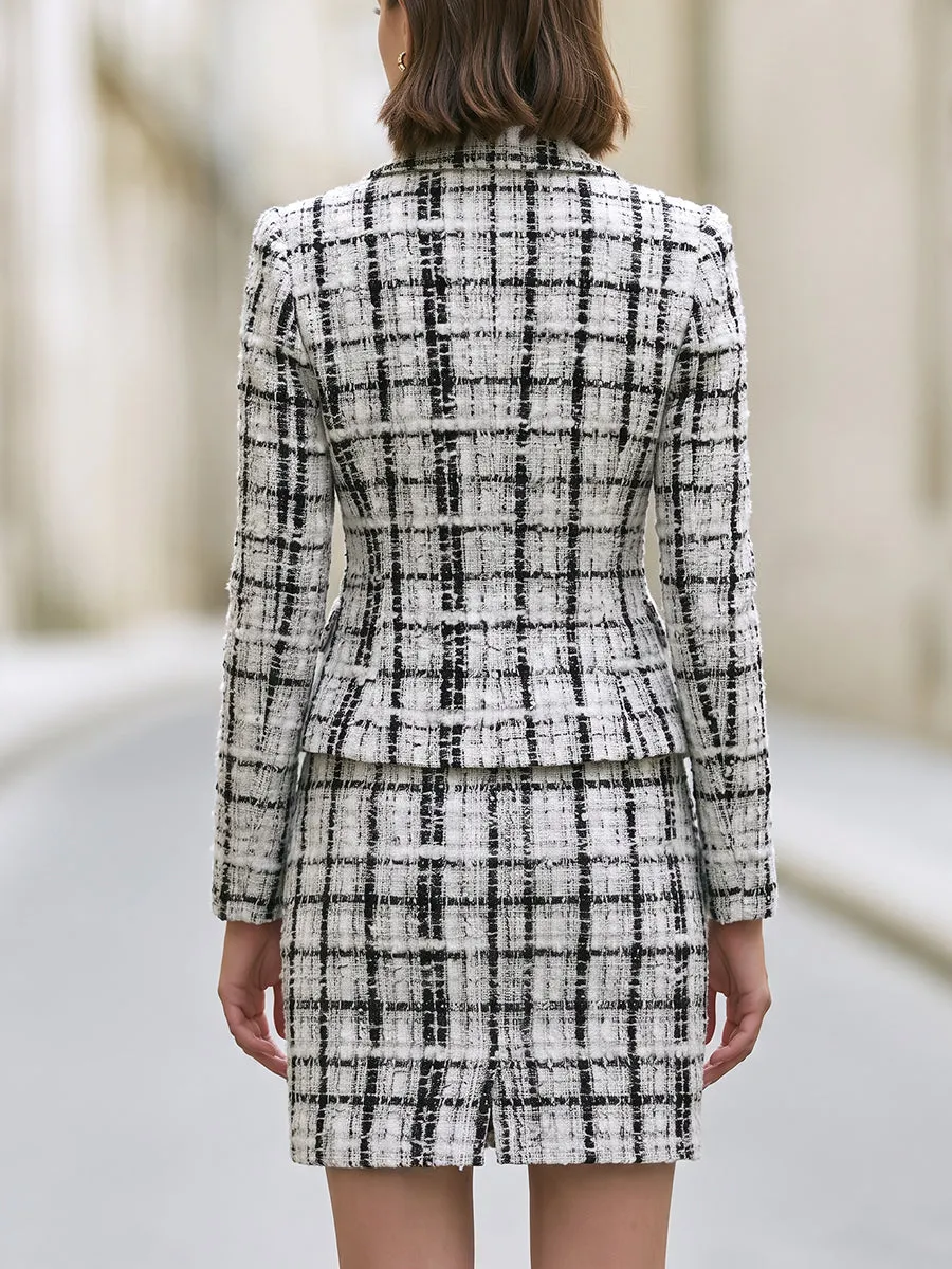 Black White Plaid Textured Tweed Blazer And Mini Skirt Two Piece Set sold by Mooyius product image thumbnail 4