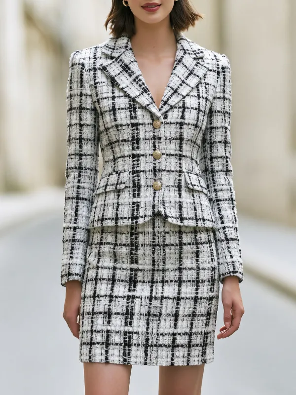 Black White Plaid Textured Tweed Blazer And Mini Skirt Two Piece Set made by Mooyius