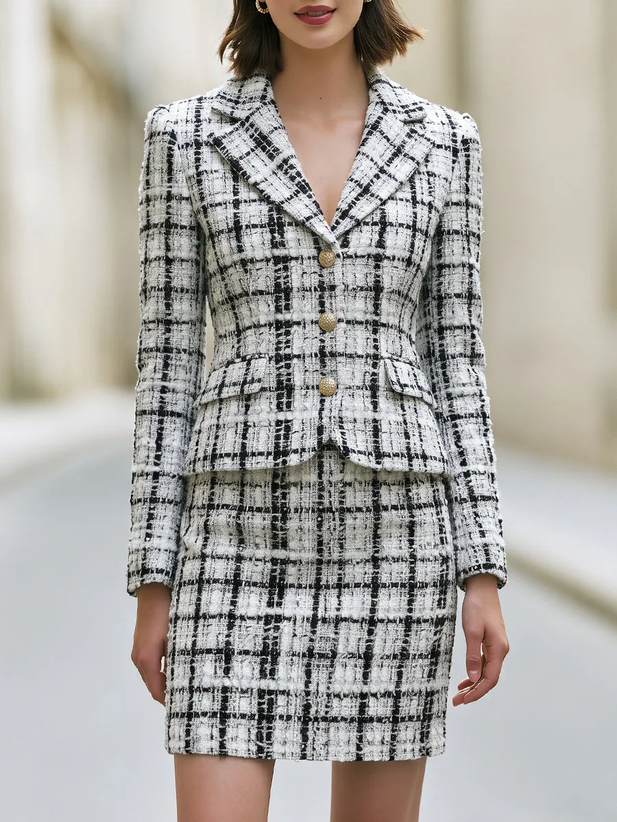 Black White Plaid Textured Tweed Blazer And Mini Skirt Two Piece Set sold by Mooyius