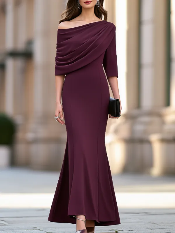 Elegant Draped Asymmetric Off-Shoulder Mermaid Evening Maxi Dress made by Mooyius