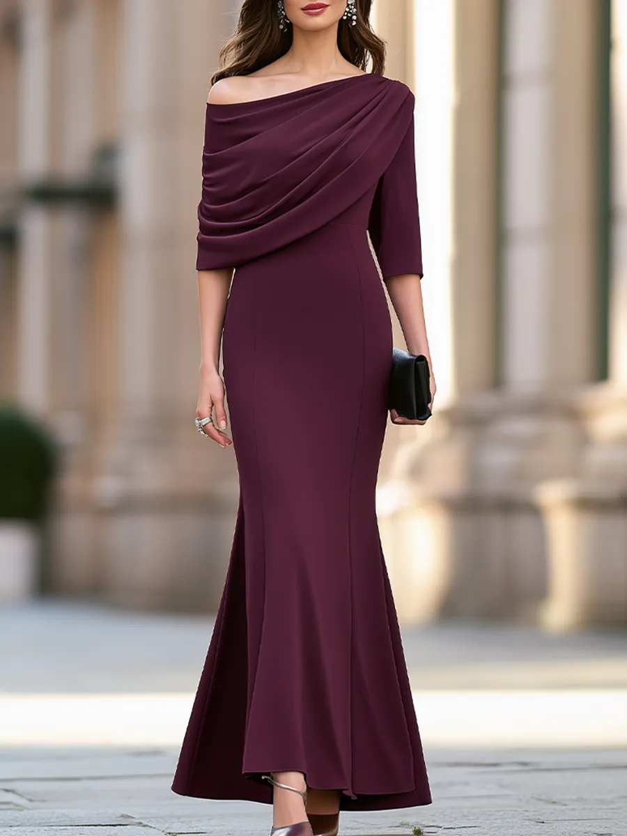 Elegant Draped Asymmetric Off-Shoulder Mermaid Evening Maxi Dress sold by Mooyius