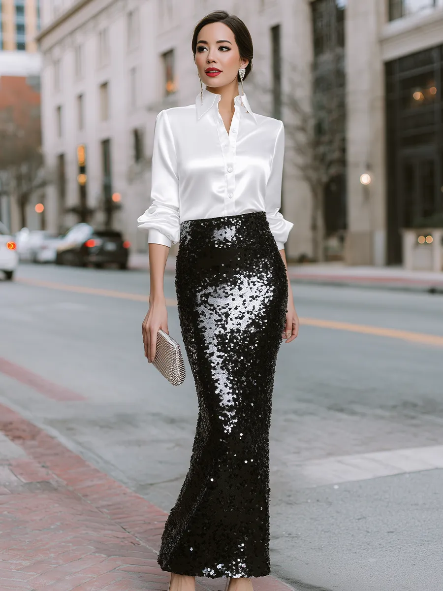 Satin Button-Front Blouse And Sequin Mermaid Maxi Skirt Set sold by Mooyius product image thumbnail 2
