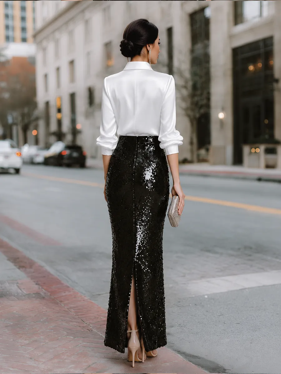 Satin Button-Front Blouse And Sequin Mermaid Maxi Skirt Set sold by Mooyius product image thumbnail 5