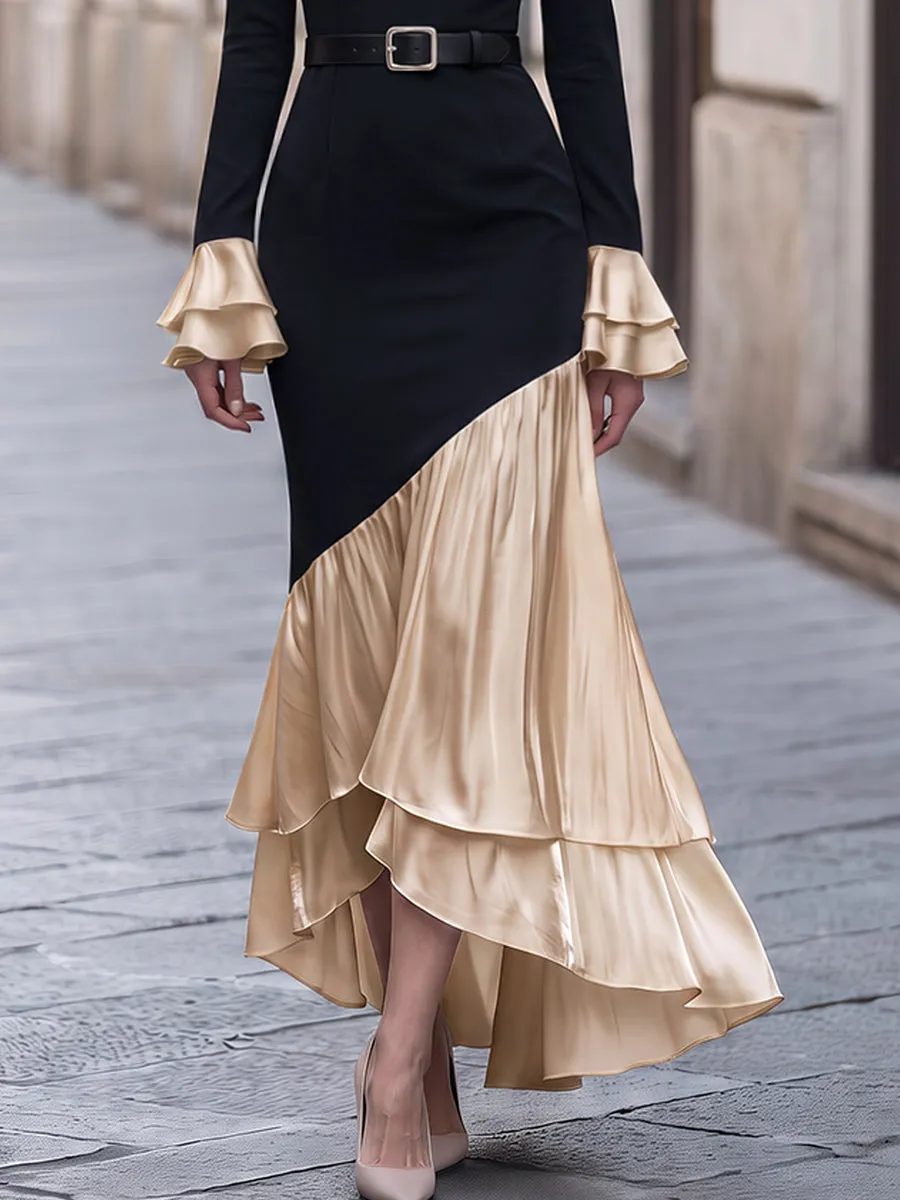 Asymmetric Color Block Pleated Maxi Dress sold by Mooyius product image thumbnail 4