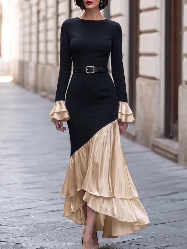 Asymmetric Color Block Pleated Maxi Dress made by Mooyius