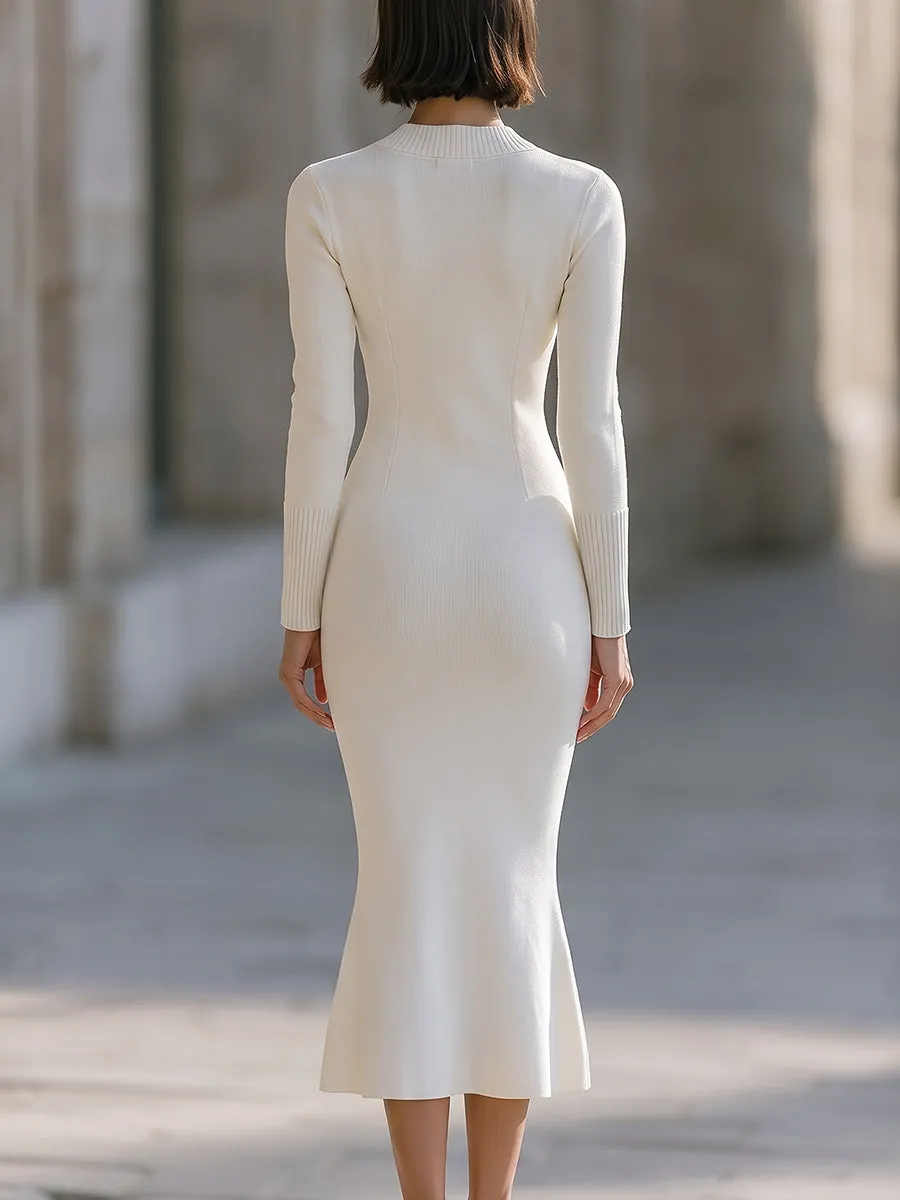 Ribbed V-Neck Zip Detail Knit Midi Dress sold by Mooyius product image thumbnail 5