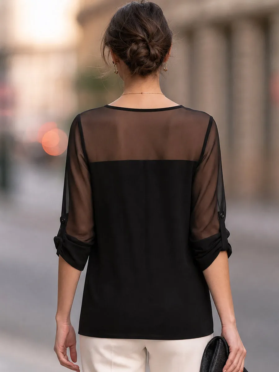 Asymmetrical Front Knot Sheer Yoke Chiffon Blouse sold by Mooyius product image thumbnail 3