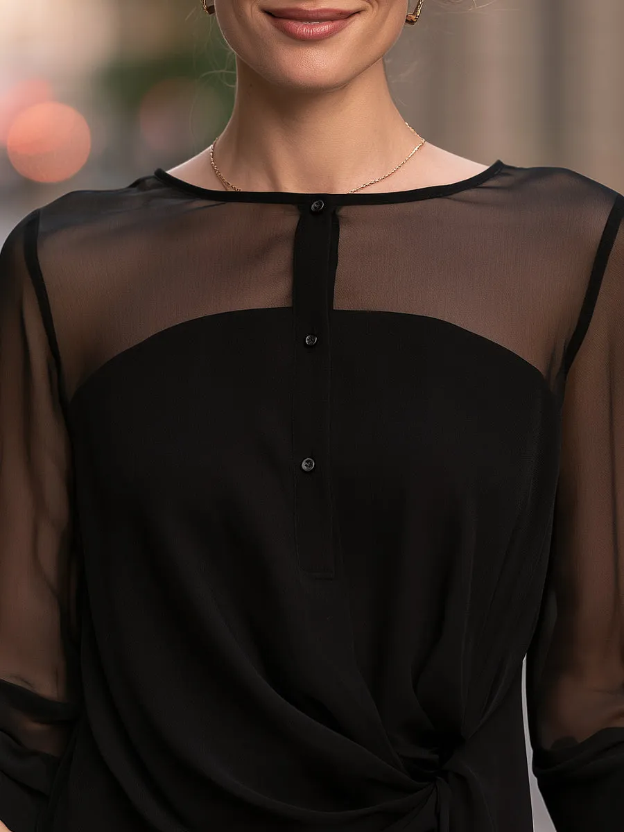 Asymmetrical Front Knot Sheer Yoke Chiffon Blouse sold by Mooyius product image thumbnail 4