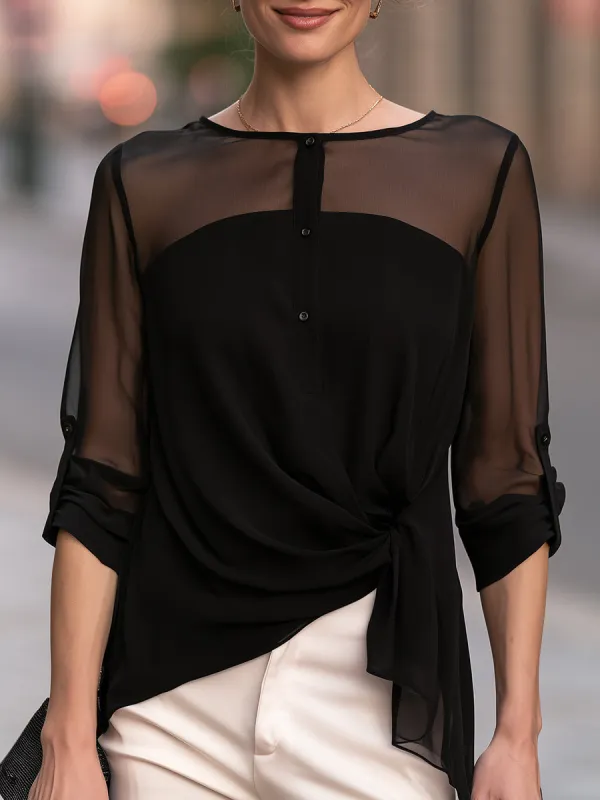 Asymmetrical Front Knot Sheer Yoke Chiffon Blouse made by Mooyius