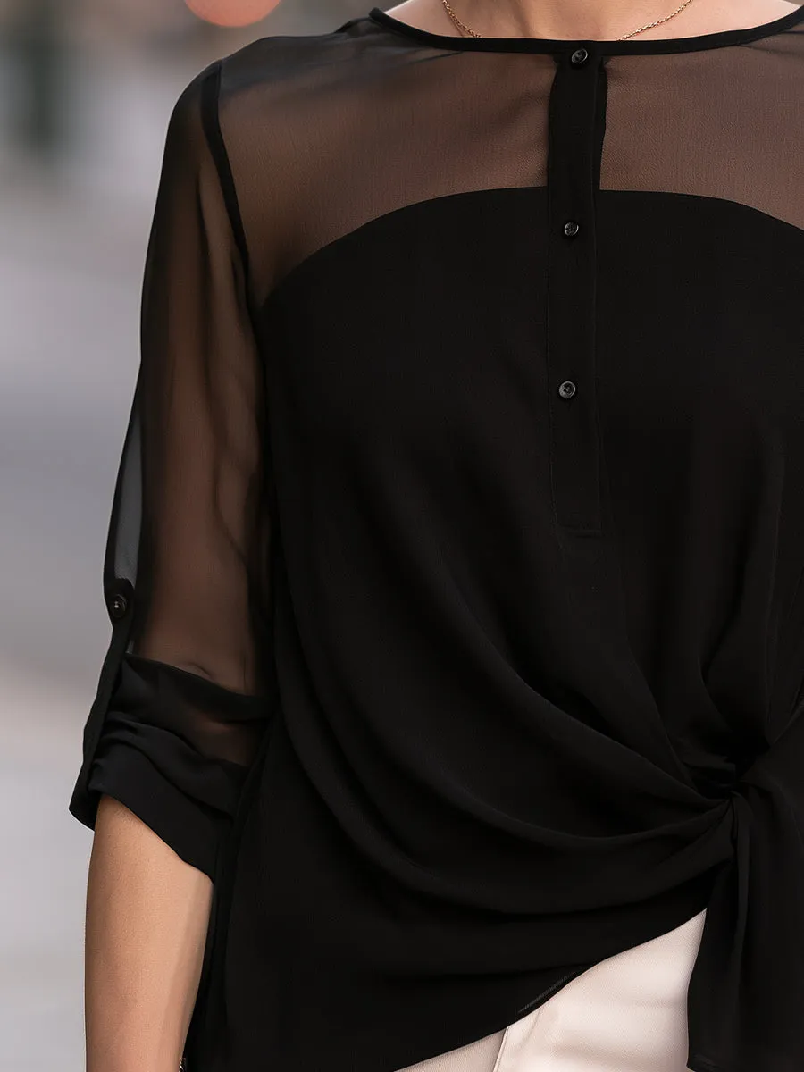 Asymmetrical Front Knot Sheer Yoke Chiffon Blouse sold by Mooyius product image thumbnail 5