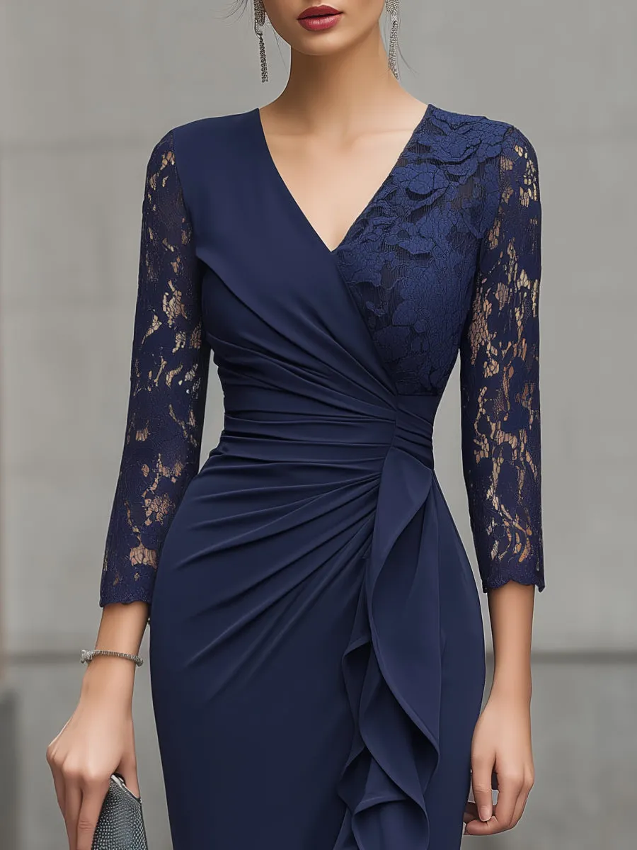 Lace Sleeve Ruched Ruffle Wrap Midi Dress sold by Mooyius product image thumbnail 3